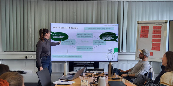 Jana-Sophie Effert holding a presentation on human centred design in front of few people at a round table 