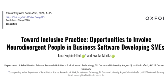 Screenshot der Titelseite eines wissenschaftlichen Artikels aus der Zeitschrift Interacting with Computers (Oxford). Titel: „Toward Inclusive Practice: Opportunities to Involve Neurodivergent People in Business Software Developing SMEs“. Autorinnen: Jana‑Sophie Effert und Frauke Mörike, TU Dortmund University. DOI und Veröffentlichungsdatum (2. Mai 2026) sind angegeben.