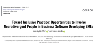 Screenshot der Titelseite eines wissenschaftlichen Artikels aus der Zeitschrift Interacting with Computers (Oxford). Titel: „Toward Inclusive Practice: Opportunities to Involve Neurodivergent People in Business Software Developing SMEs“. Autorinnen: Jana‑Sophie Effert und Frauke Mörike, TU Dortmund University. DOI und Veröffentlichungsdatum (2. Mai 2026) sind angegeben.