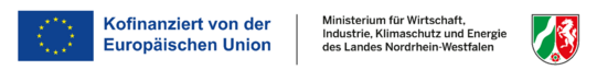Eine Logoleiste mit der Flagge der Europäischen Union links, dem Text "Kofinanziert von der Europäischen Union", dem Text "Ministerium für Wirtschaft, Industrie, Klimaschutz und Energie des Landes Nordrhein-Westfalen" und dem Wappen von Nordrhein-Westfalen